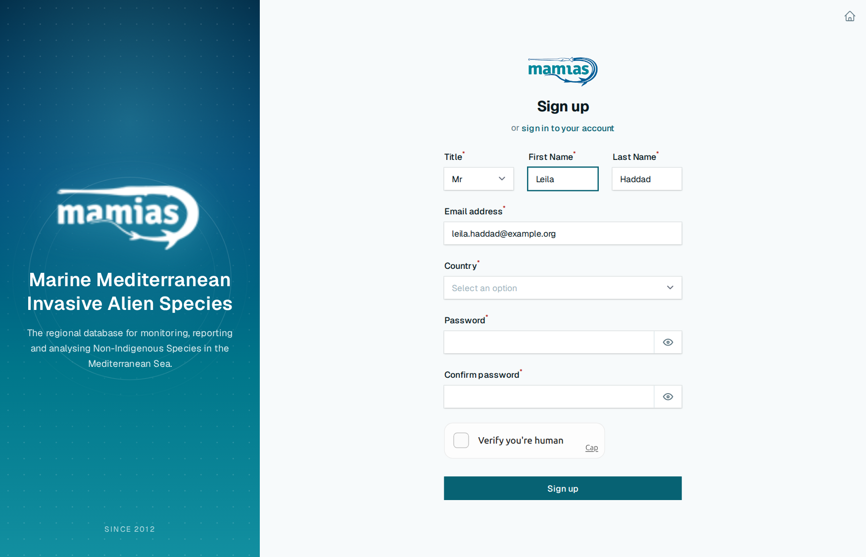 The sign-up form