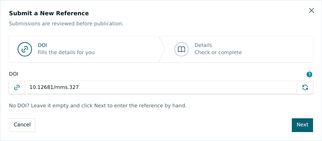 The DOI step of a new reference